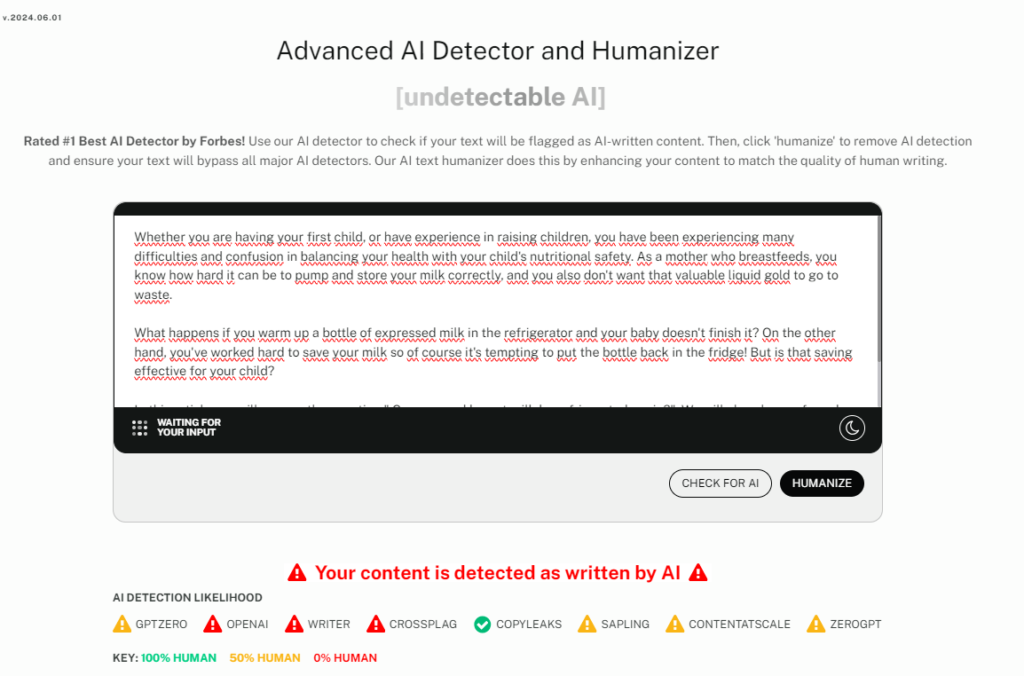 Undetectable AI offers Humanizing feature to help you remove AI content