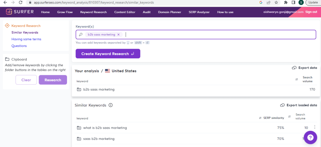 SurferSEO Keyword Research Tool interface